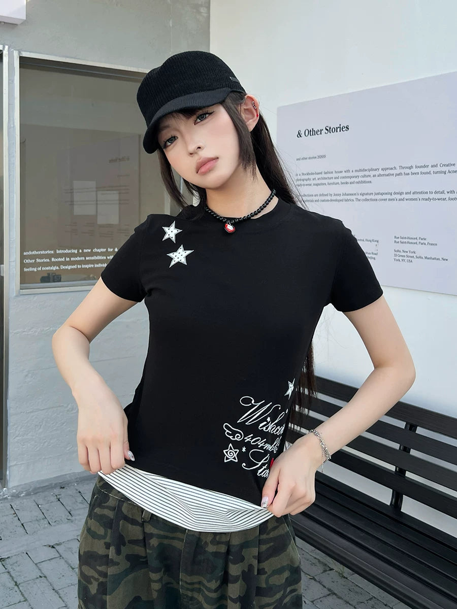 404MOB Crew Neck Striped Embroidered Slim Tee