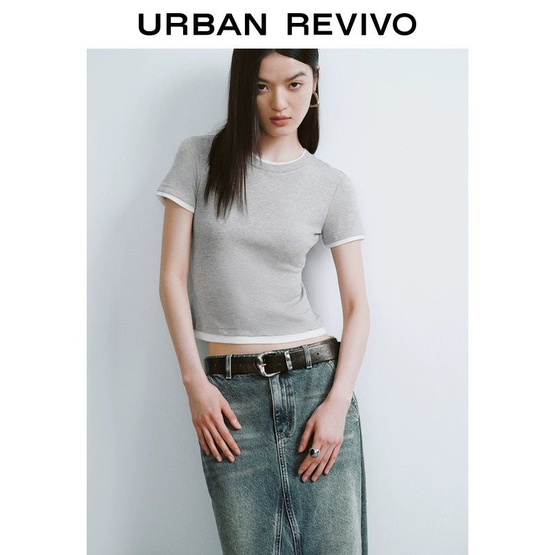 URBAN REVIVO Contrasting Splicing Fake Two-piece Crew Neck Tee