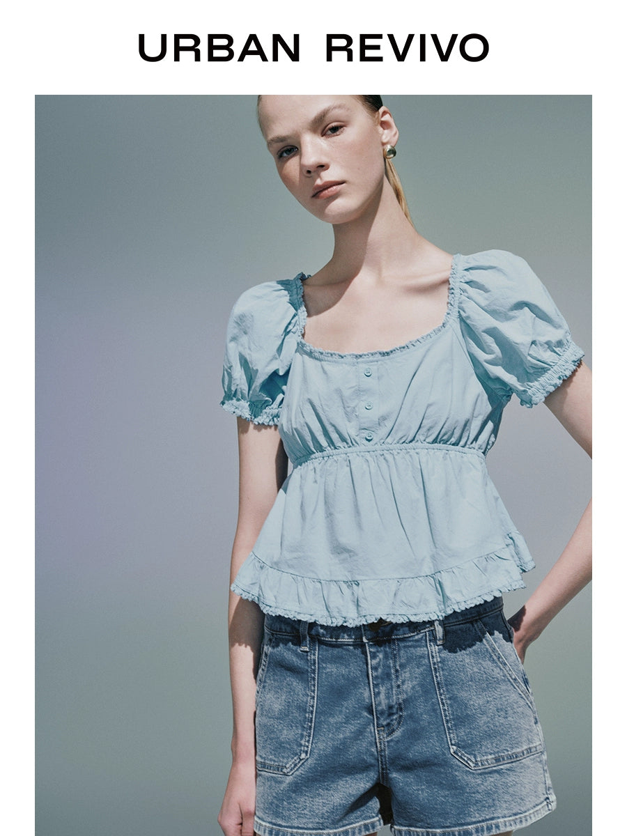 URBAN REVIVO Stitched Lace Wrap Short-sleeved Blouse Shirt