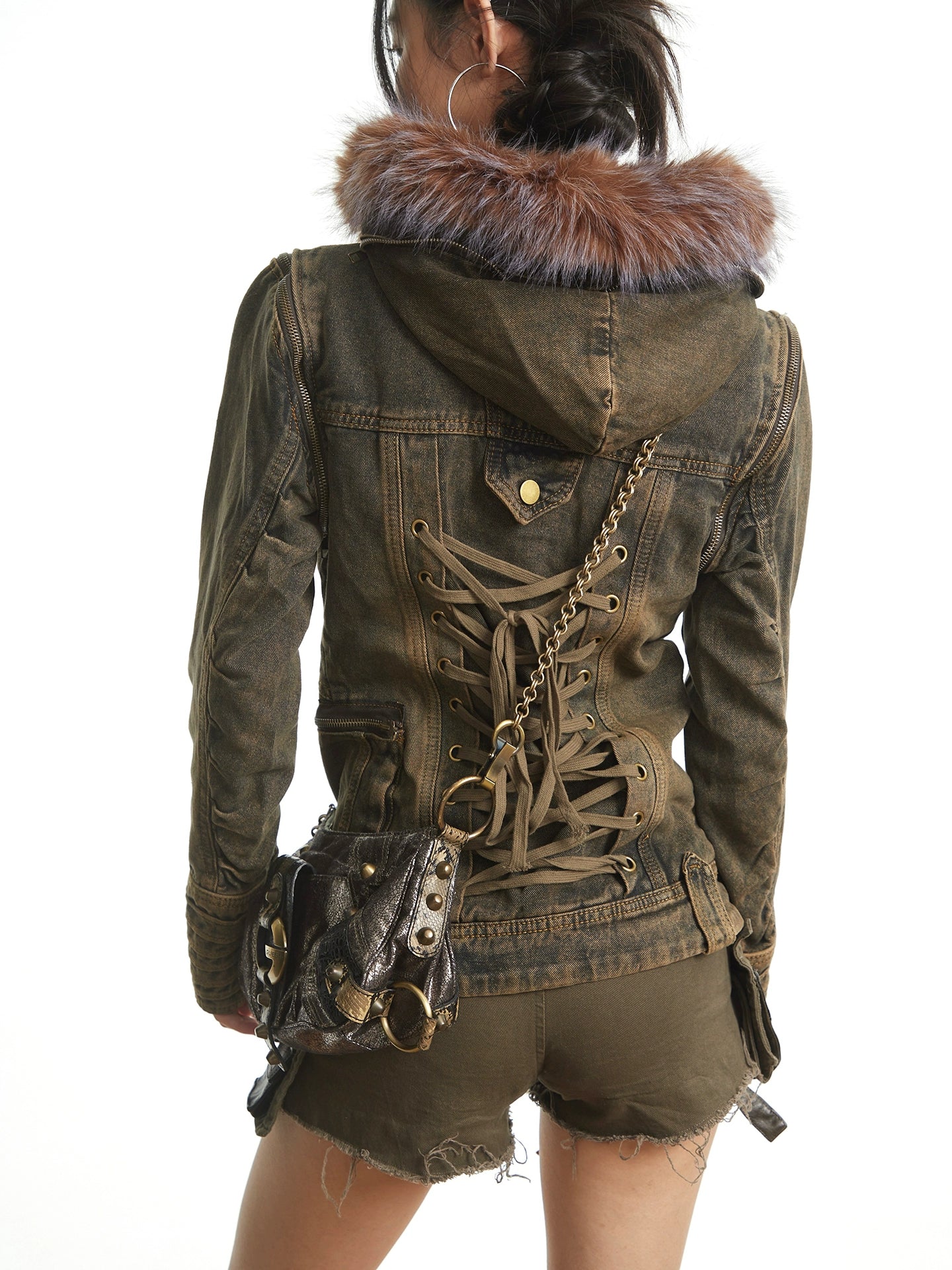 UNCMHISEX Vintage Fur Collar Tooling Denim Jacket