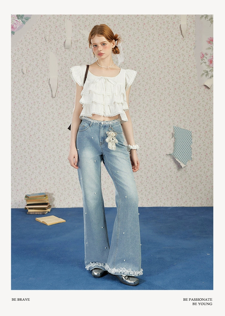 UNIFREE Beaded Lace Stitching High Waist Slim Jeans