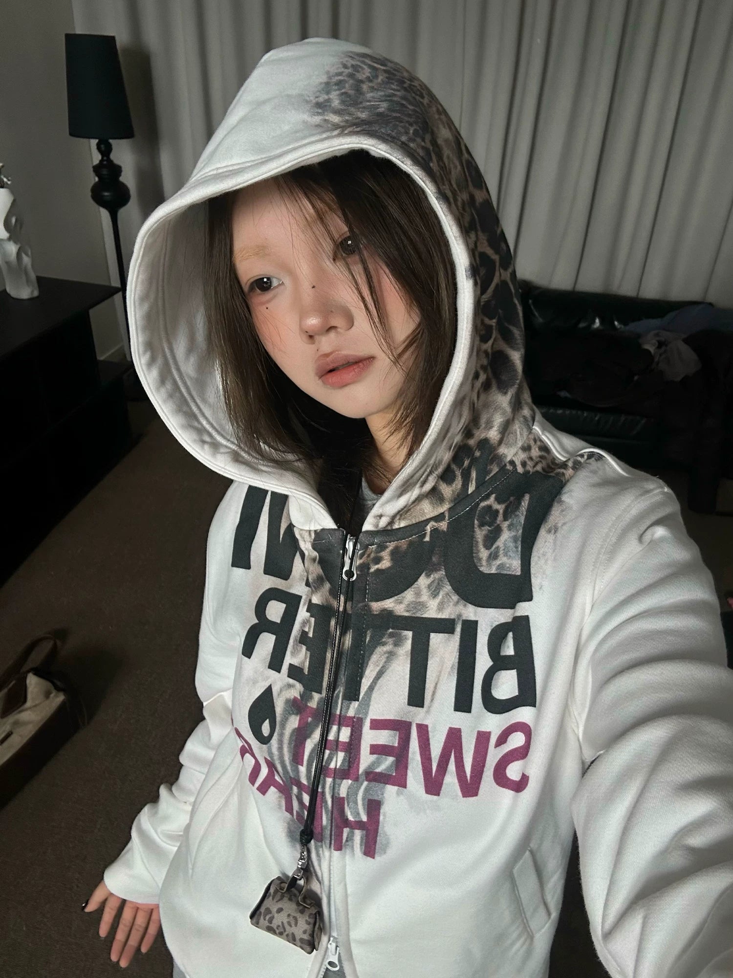 DONSMOKE Leopard Print Front Shoulder Hooded Sweater Jacket