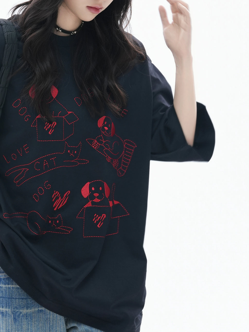 Zuocisankon Lazy Shoulder Fun Cute Cat Embroidery Tee