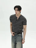 TURNTIDE Henry Collar Striped Slim Casual Tee