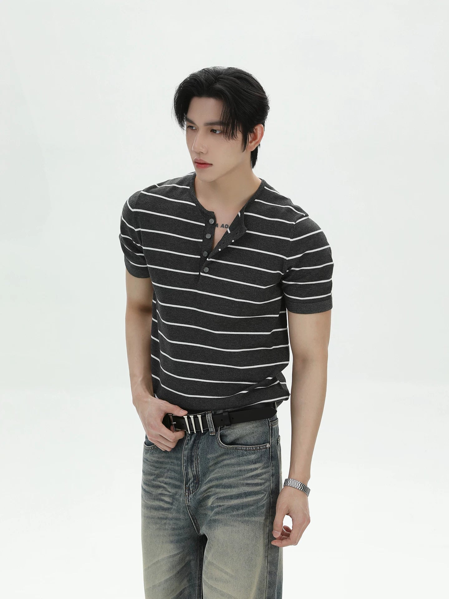TURNTIDE Henry Collar Striped Slim Casual Tee