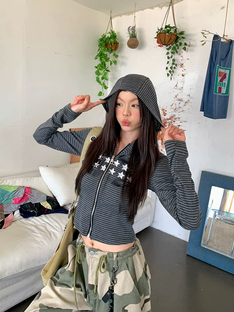 EAHO Vintage Striped Star Zip Hooded Cardigan