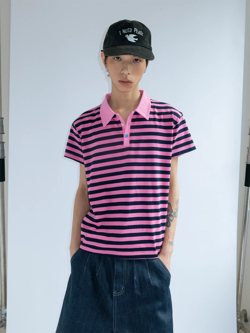 FUNKYFUN Fleece Contrasting Buckle Striped Lapel Polo Shirt