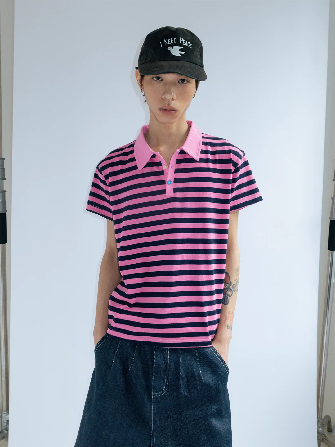 FUNKYFUN Fleece Contrasting Buckle Striped Lapel Polo Shirt
