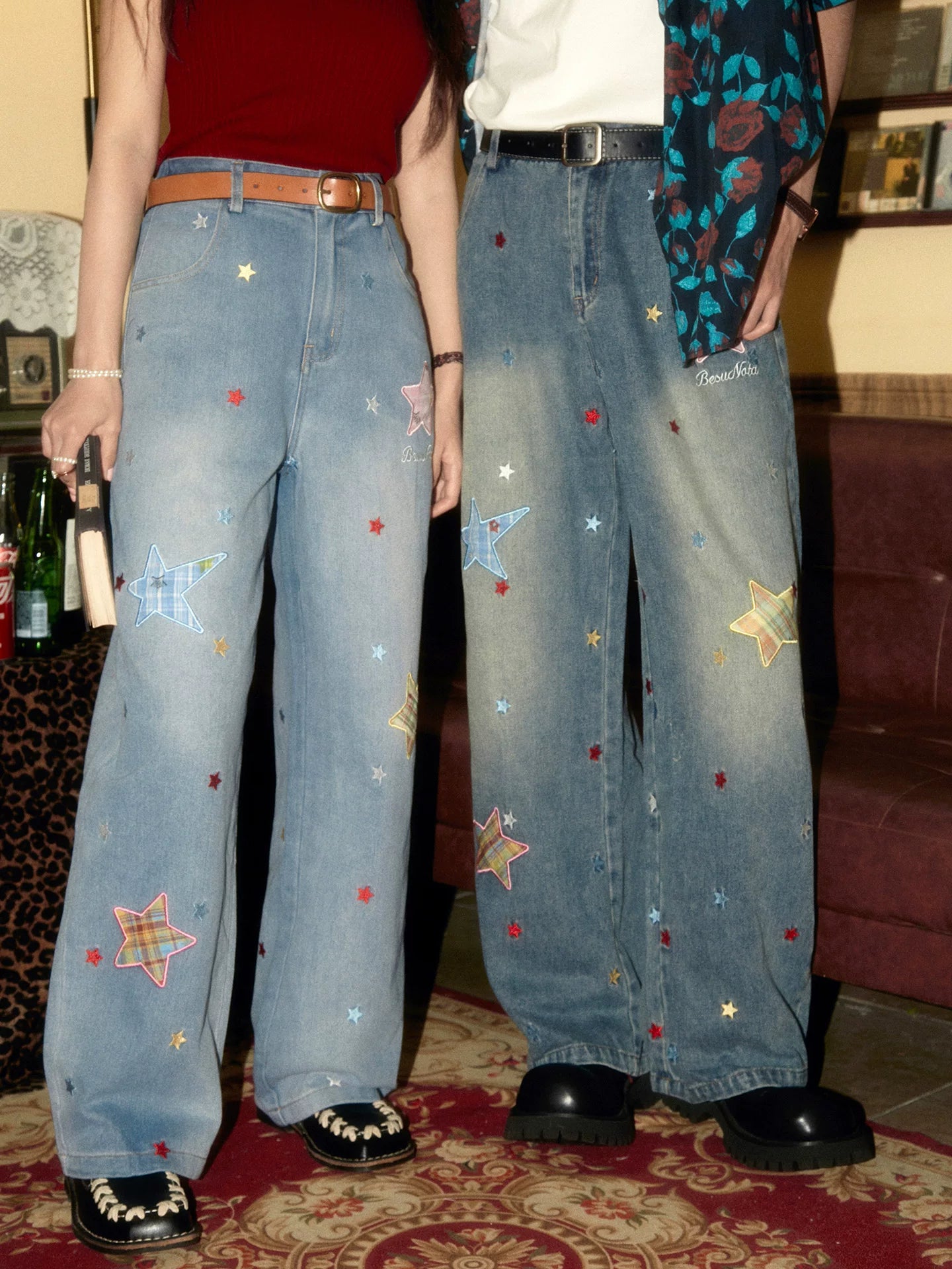 ALOHA Vintage Star Embroidery Patch Embroidery Couple Jeans