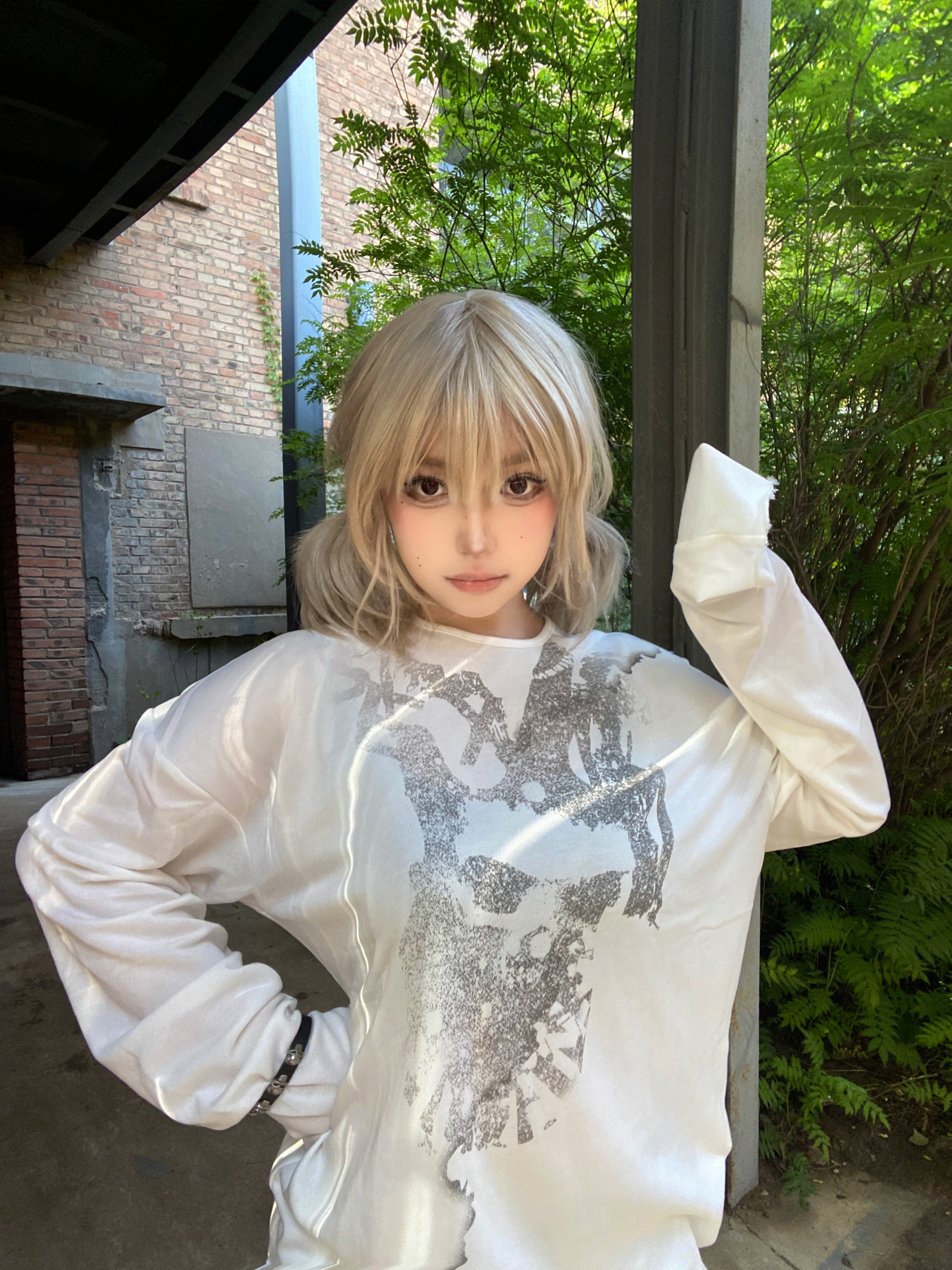 Human Voices Skull Guitar Print Destroy Mesh Long Sleeve