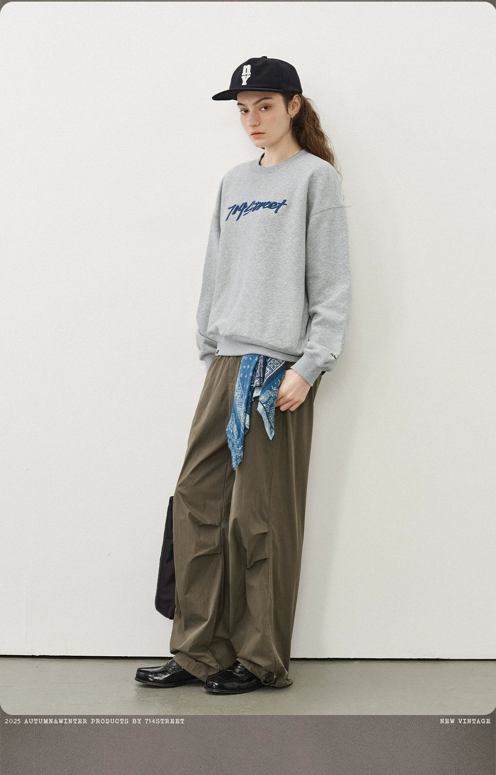 714Street Low Shoulder Sleeves Loose Silhouette Crew Neck Fleece Sweater