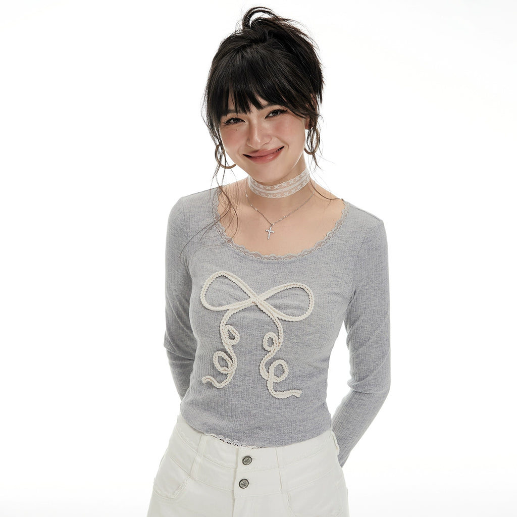Imone Lace Woven Bow Knitted Sweater Long Sleeve