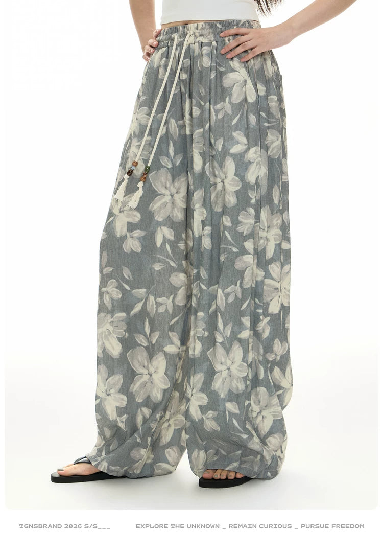 TGNS Plaid Floral Casual Wide-leg Pants