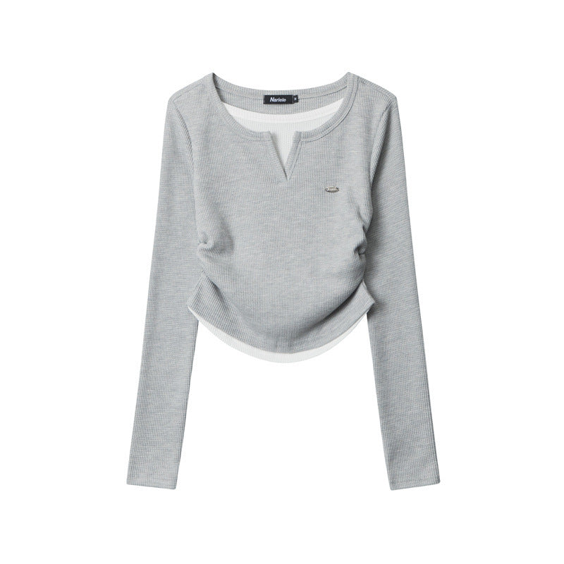 Nariele Fake Two V-neck Pleats Waist Slim Long Sleeves
