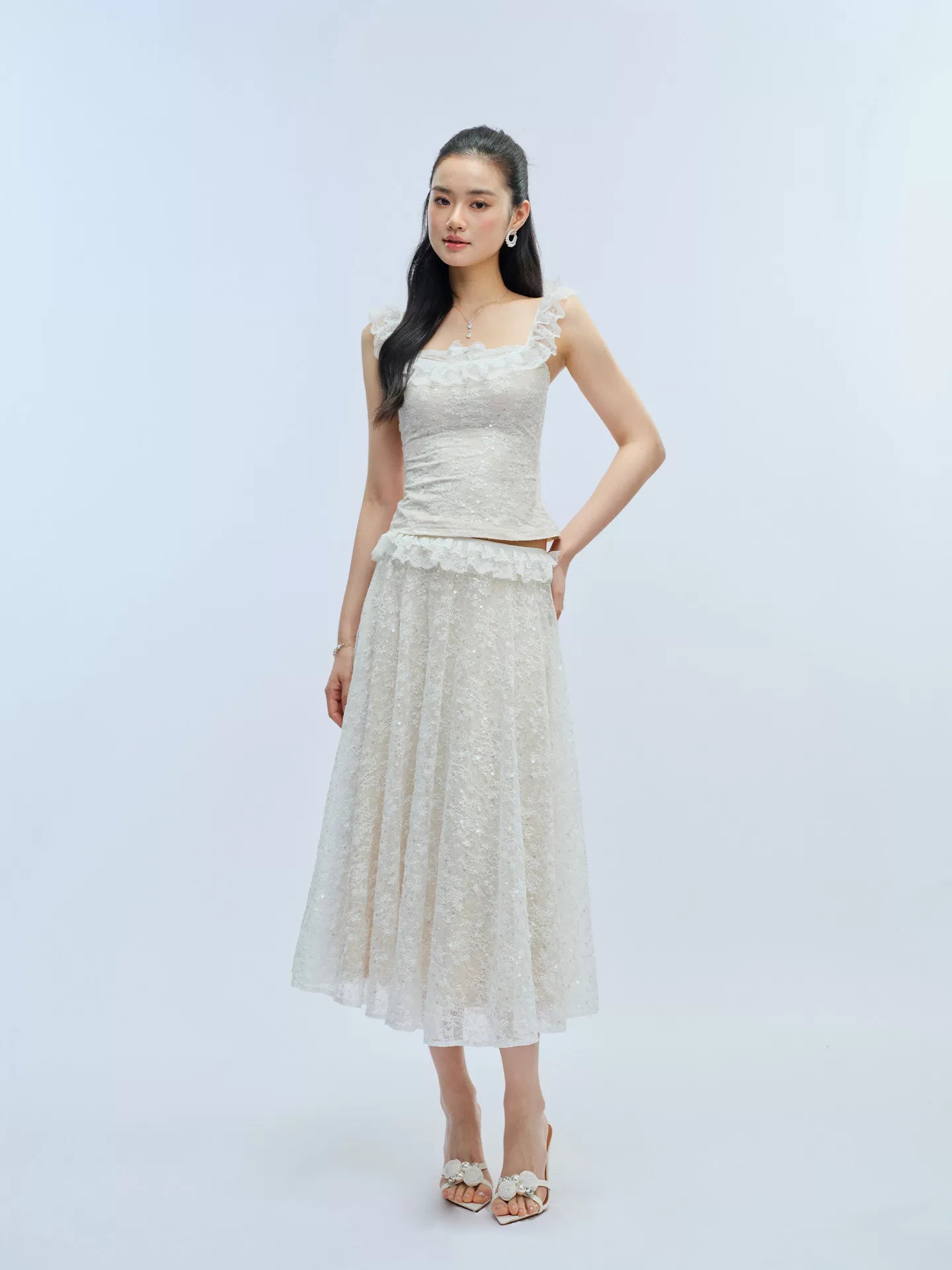 J TheChosen Lace Sequined Flountain Tank Top Skirt Set
