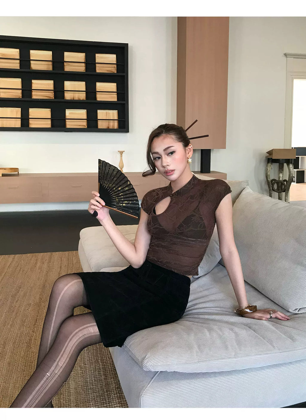 Audwyn Jacquard Hollow Slim Lace Waist Tee