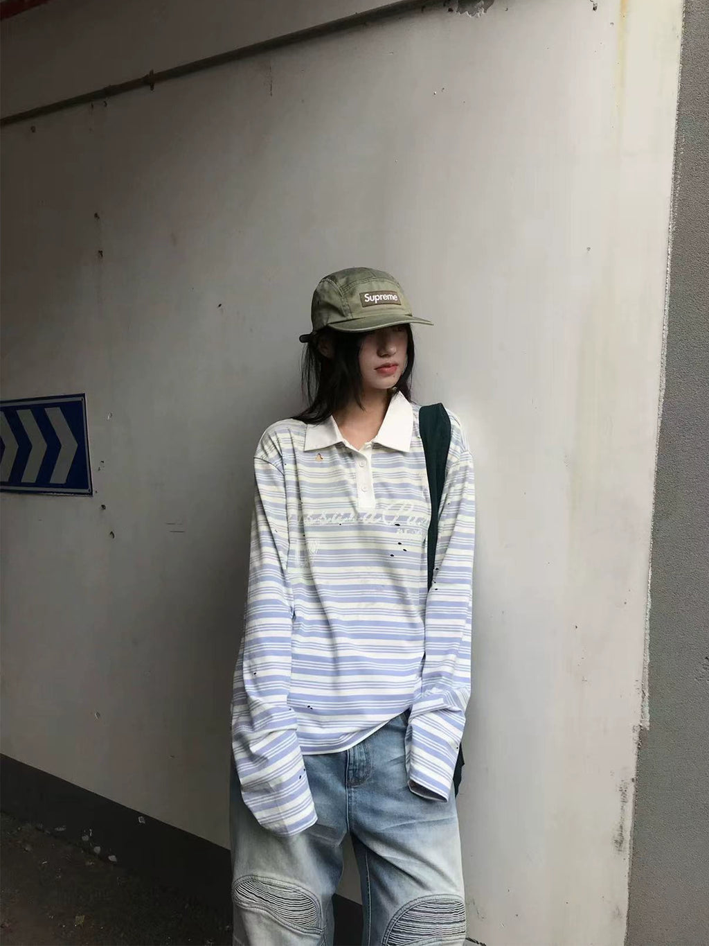 WASE Spray Dye Gradual Change Hole Print Polo Stripe Long Sleeve