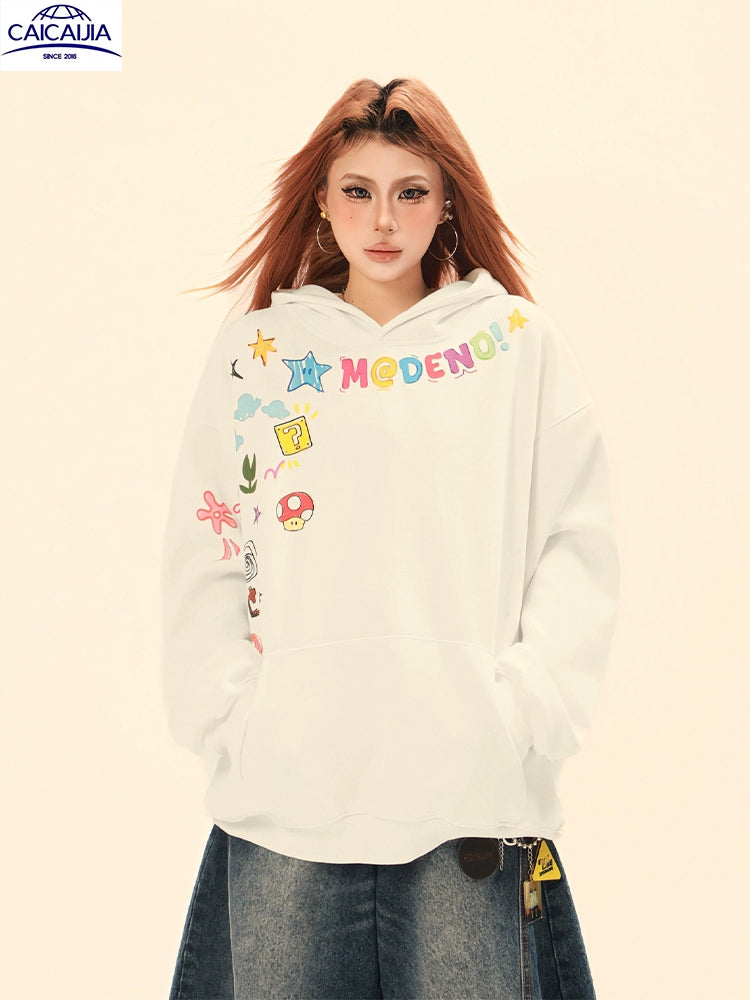Kenvibe Vintage Graffiti Cartoon Print Fleece Sweater