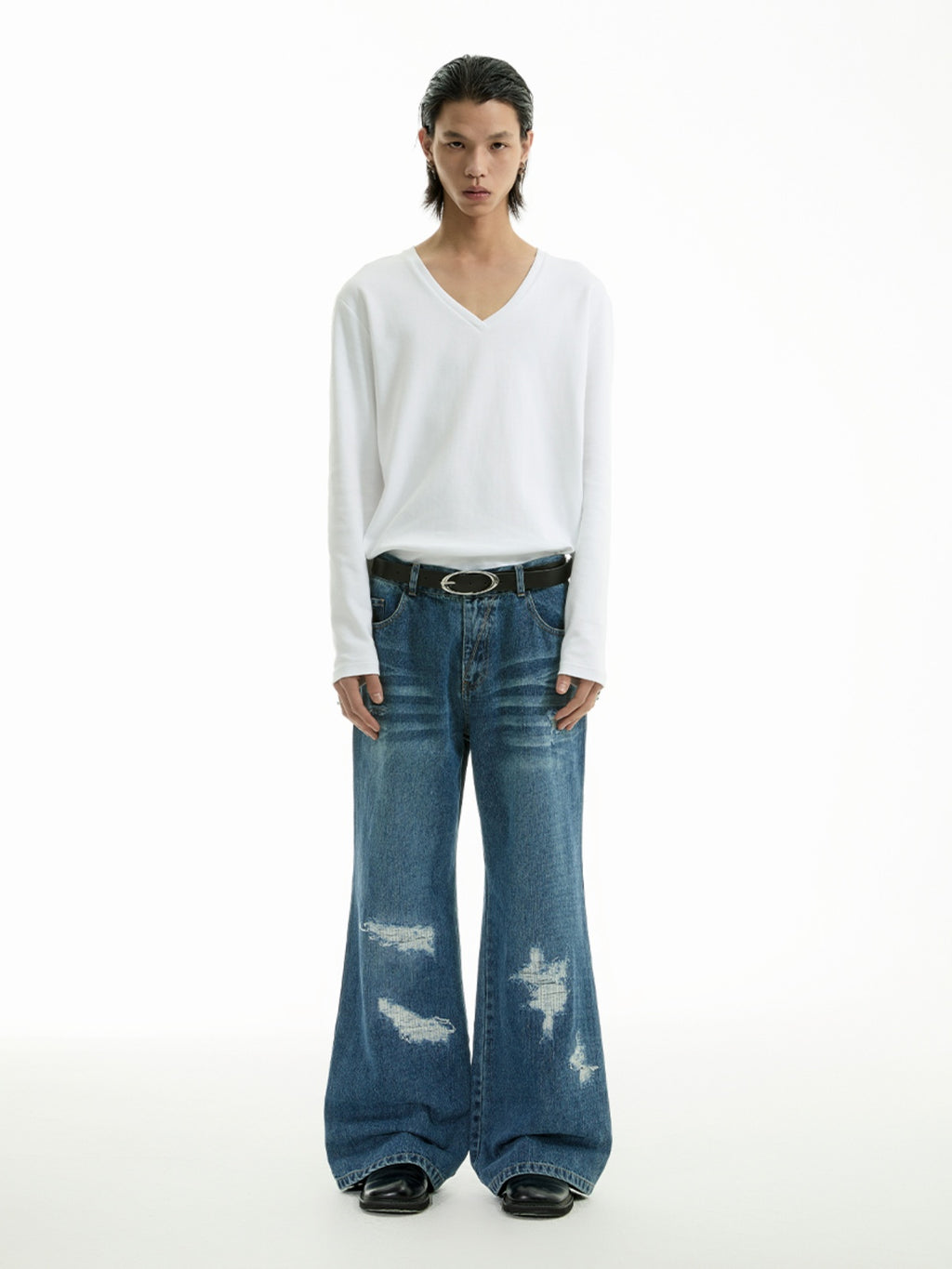 FUNKYFUN  Irregular Ripped Straight Loose Jeans
