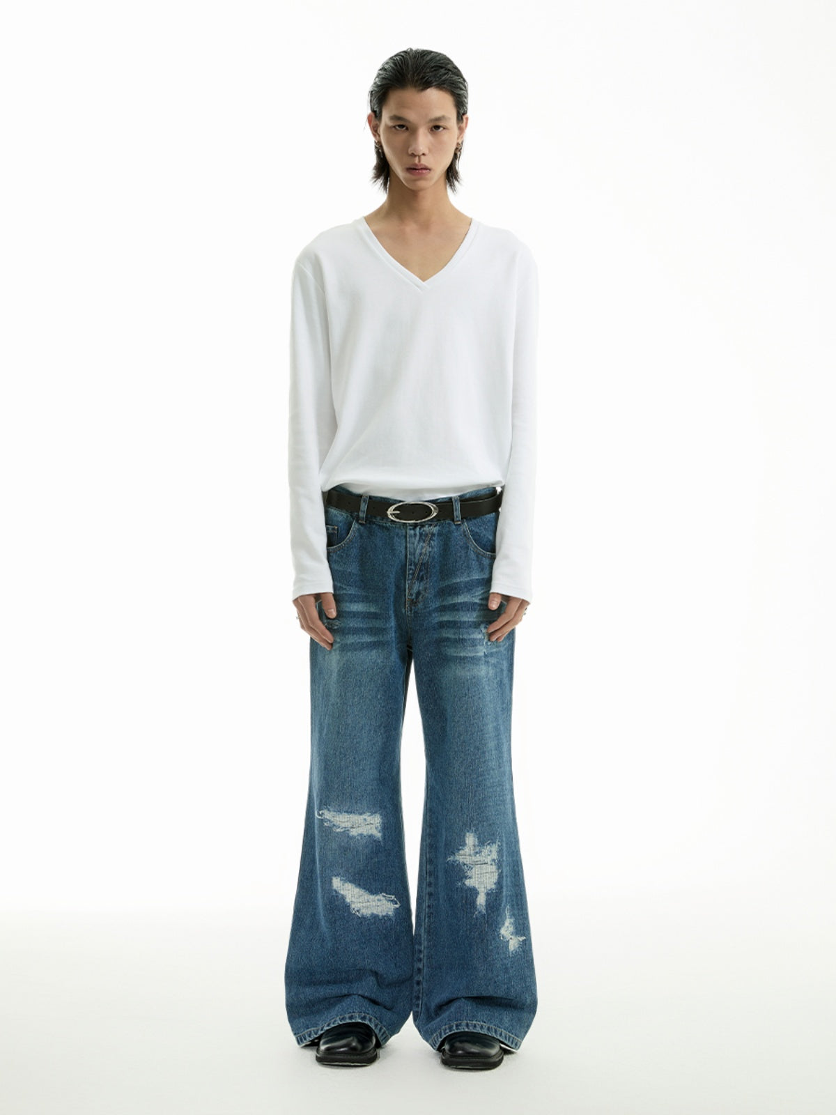FUNKYFUN  Irregular Ripped Straight Loose Jeans