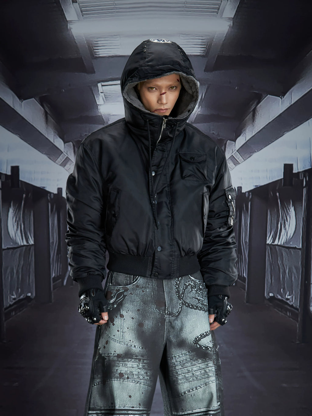 NOMANIAI Removable Fur Collar Nailed Hooded Embroidered Fleece Cotton Jacket