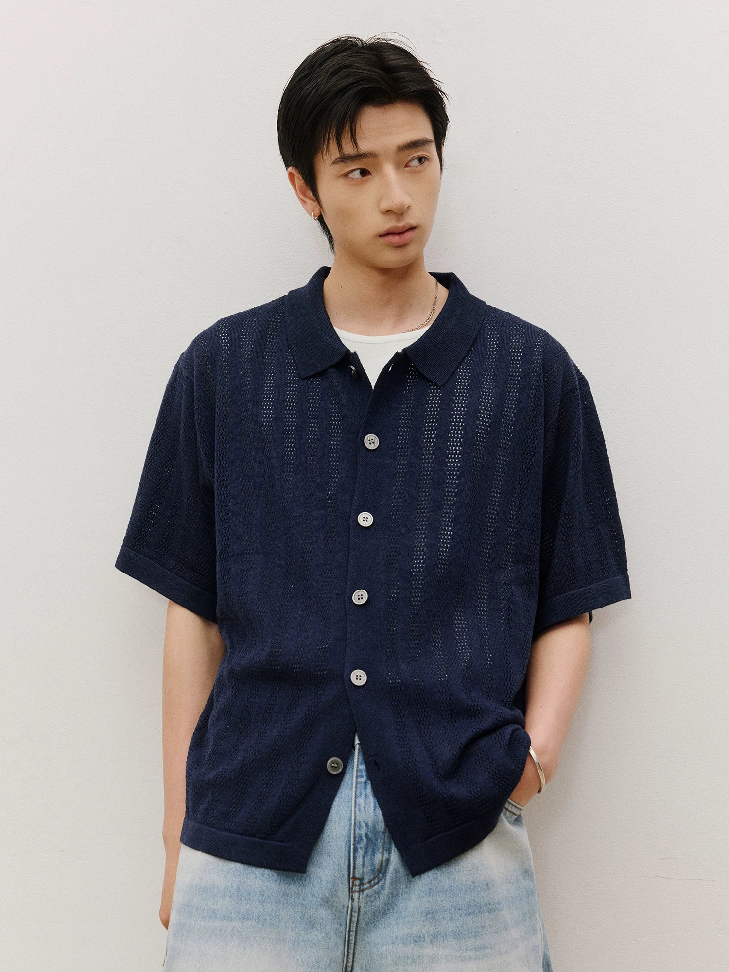 LR MADE Hollow Breathable Short-sleeved Knitted Shirt