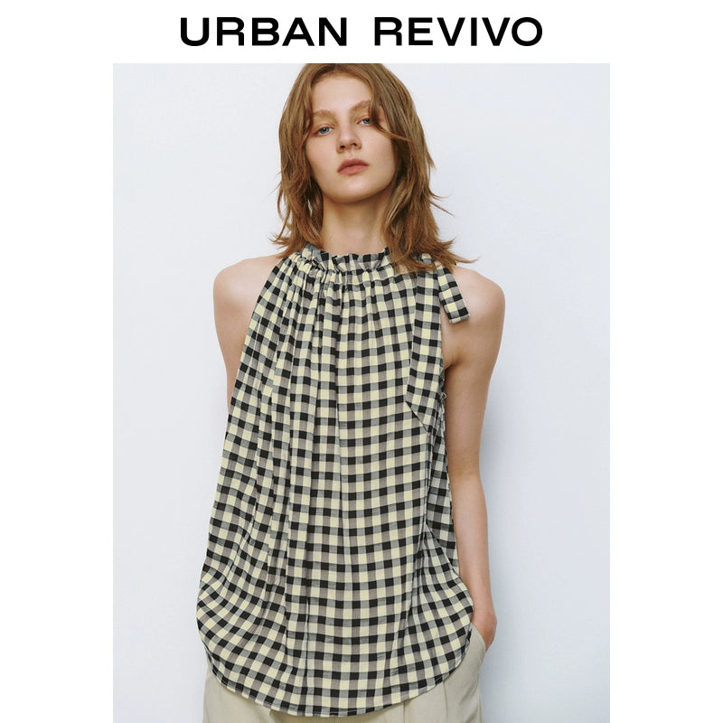 URBAN REVIVO Wave Style Contrasting Color Plaid Super Loose Blouse Shirt