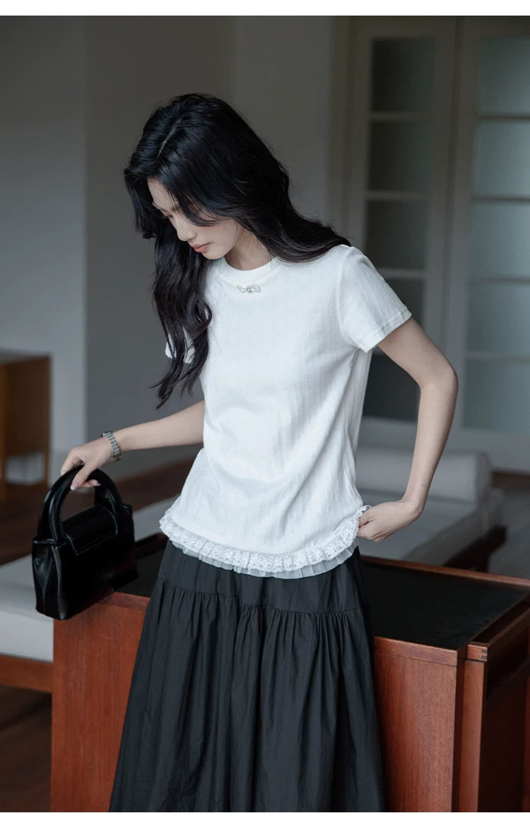 XUJING Front Shoulder Lace Edge Hem Waist Thin Tee