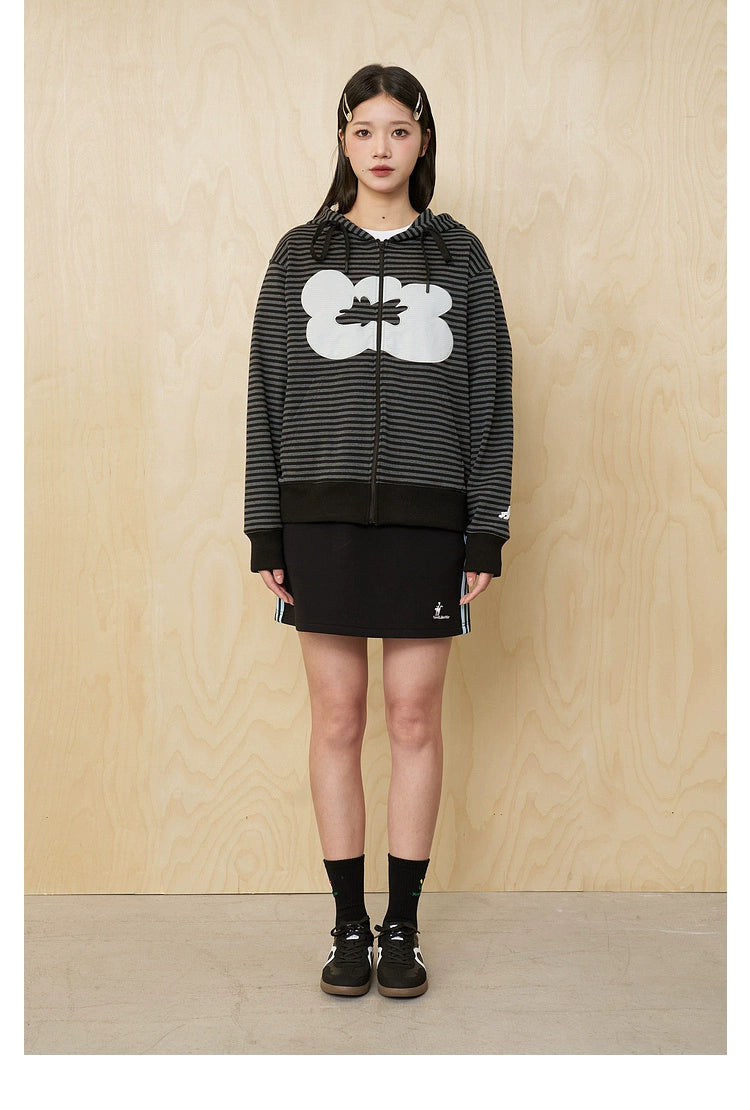 MoodLikeMe Striped Flower Patch Embroidered Hooded Sweater