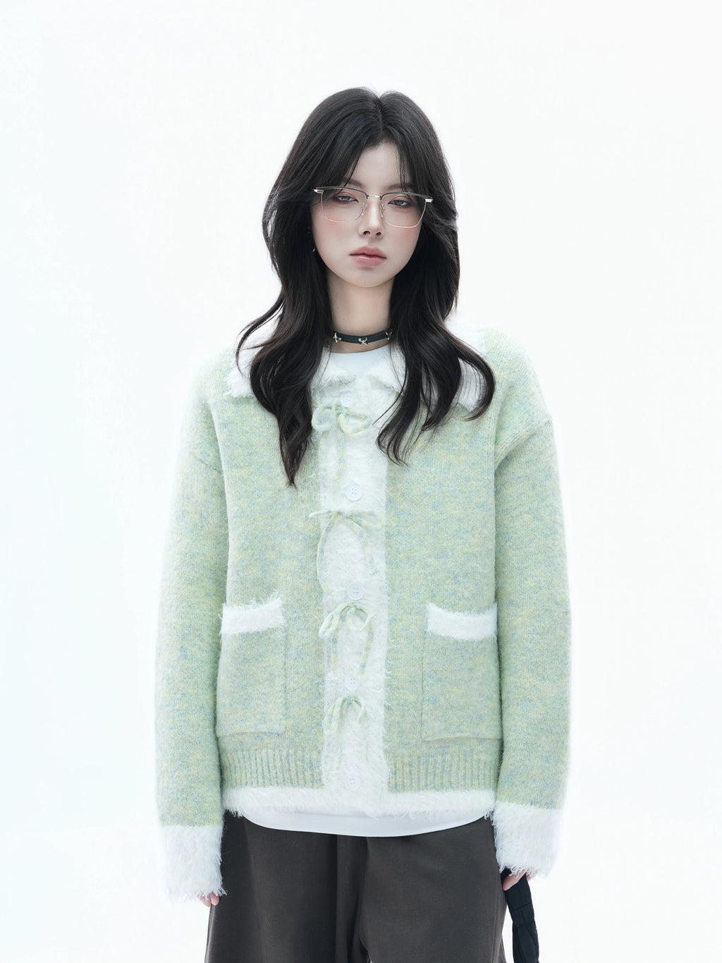 Zuocisankon Contrasting Bow Knitted Cardigan Sweater