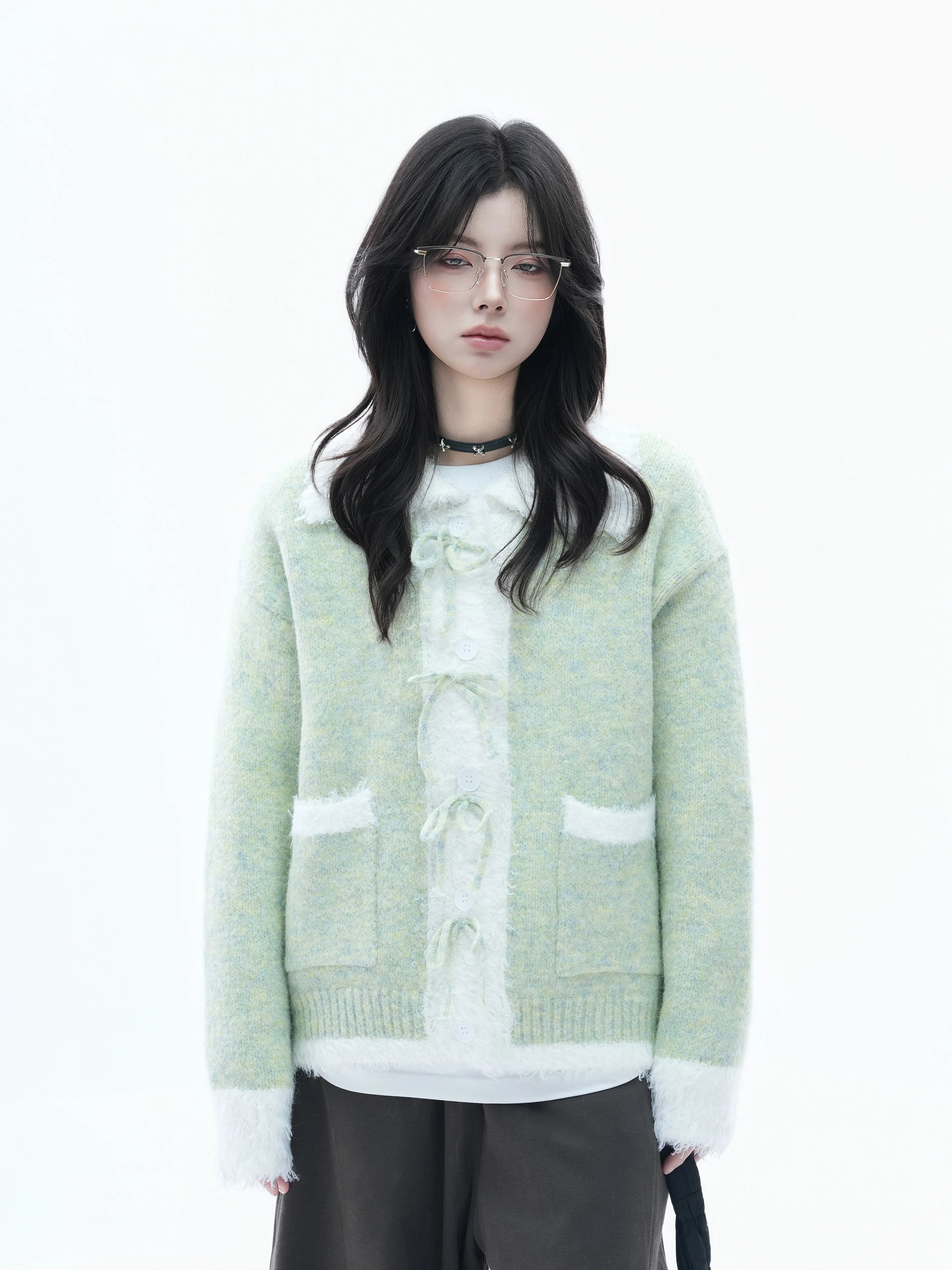 Zuocisankon Contrasting Bow Knitted Cardigan Sweater