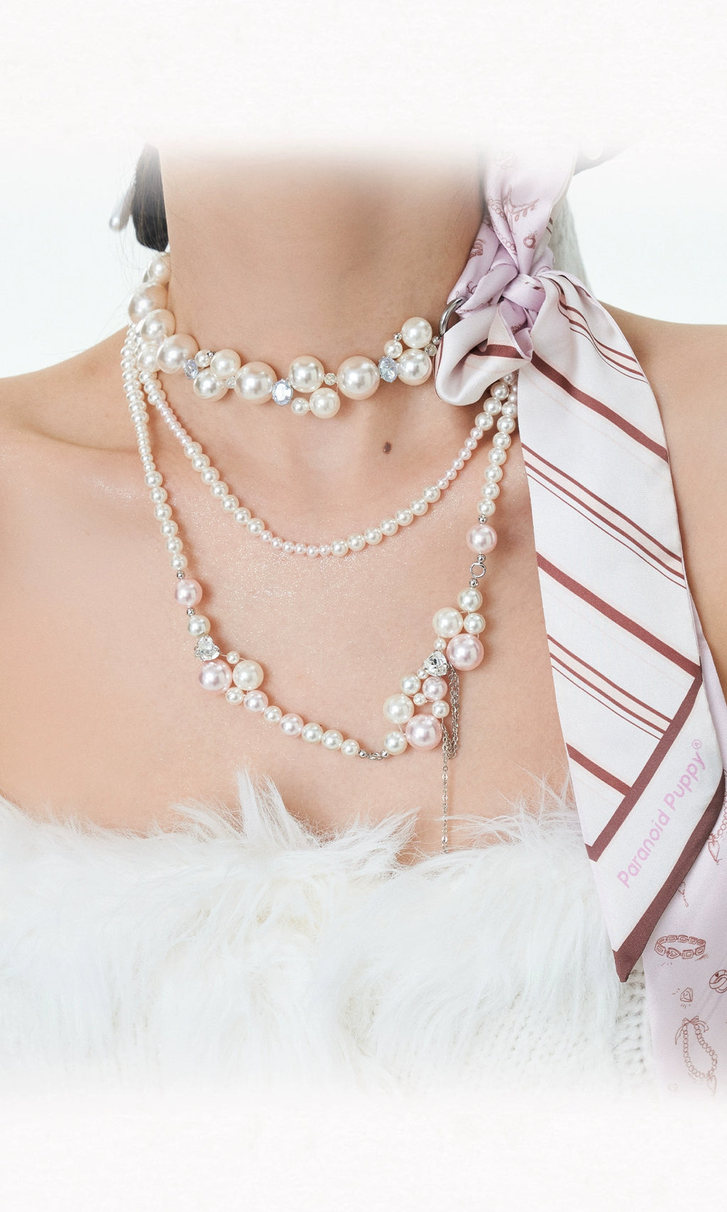ParanoidP Temperament Light Luxury Bow Silk Scarf Pearl Necklace