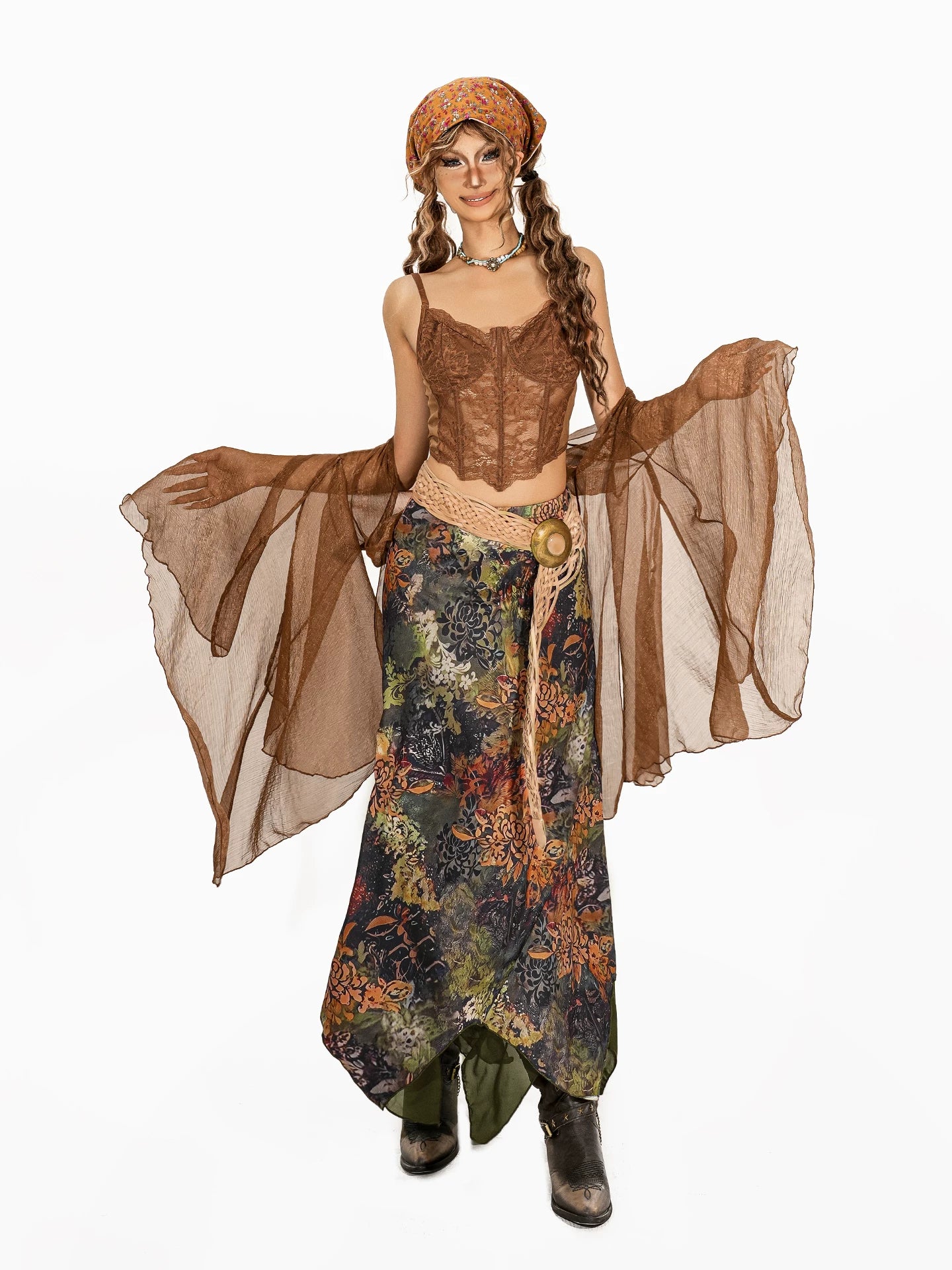 Arielink Vintage Mesh Shawl Blouse Lace Splicing Fishbone Sling