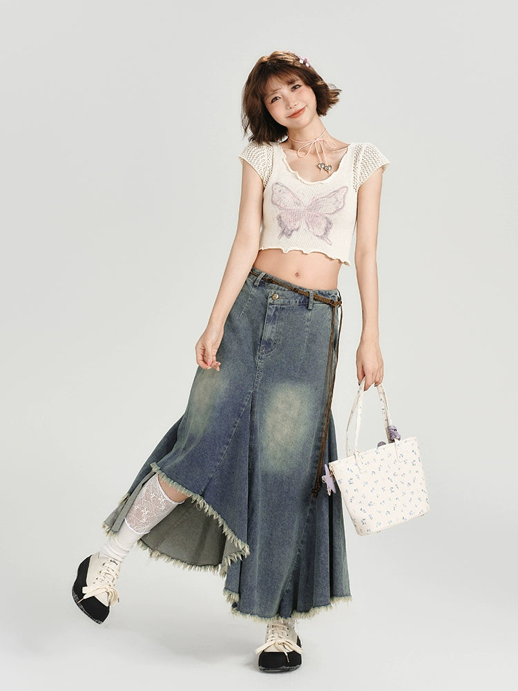 Girlyhalo Vintage High Waist Denim Skirt