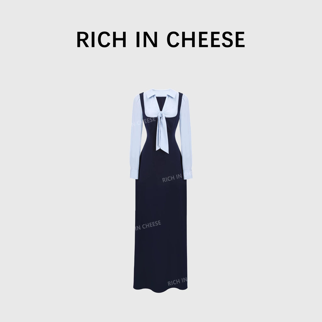 RICH IN CHEESE ACADEMY COLOR CONTRACT Splicing Bow Waist Dress