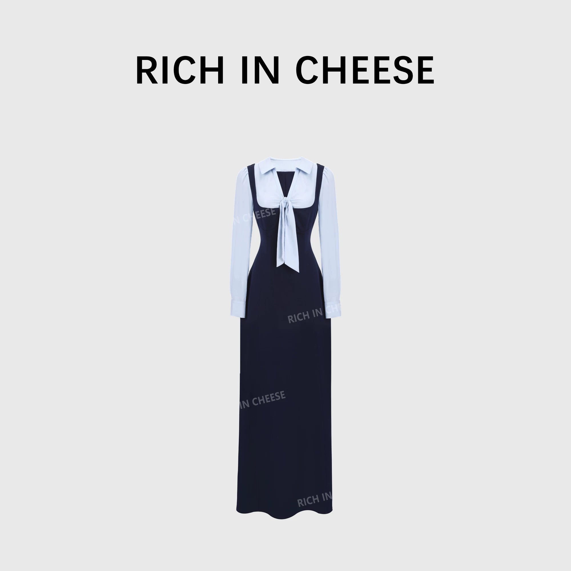 RICH IN CHEESE ACADEMY COLOR CONTRACT Splicing Bow Waist Dress