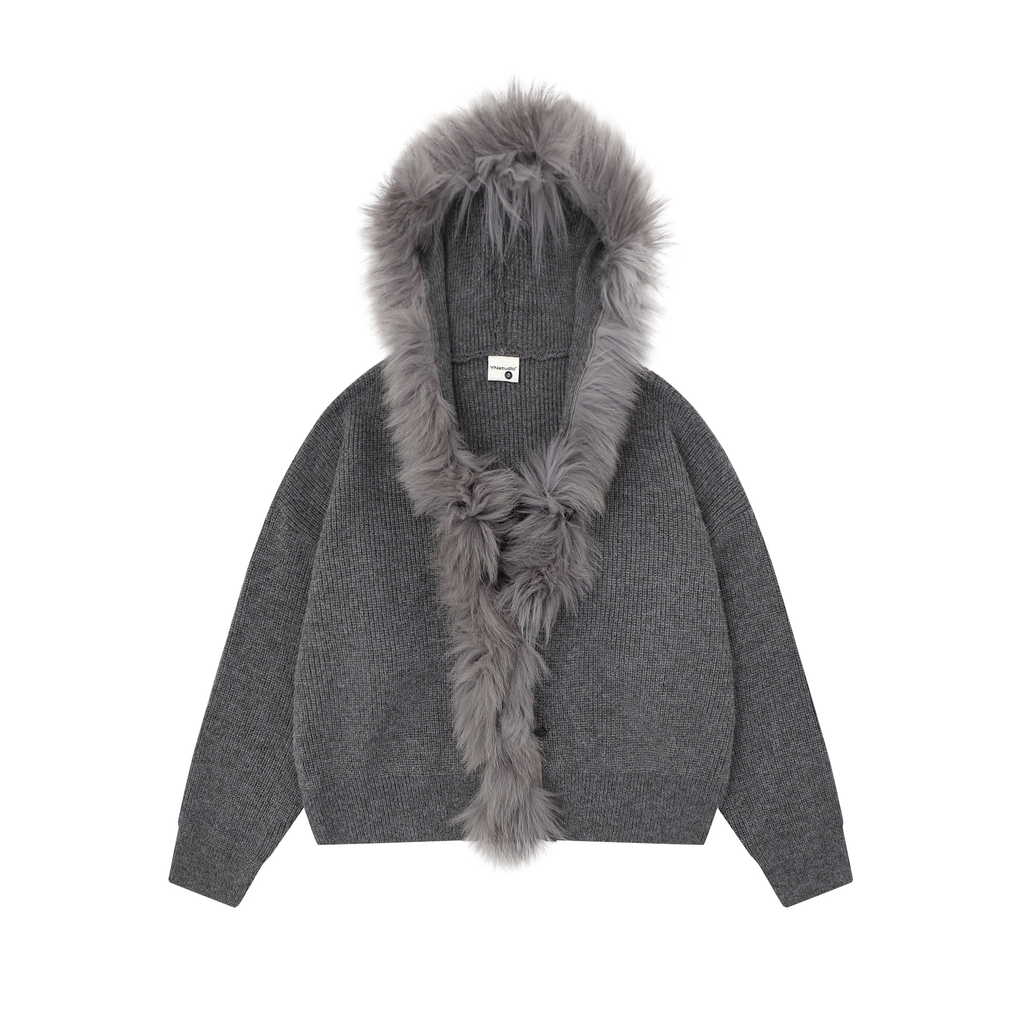 Zuocisankon Retro Big Fur Collar Hooded Knitted Sweater