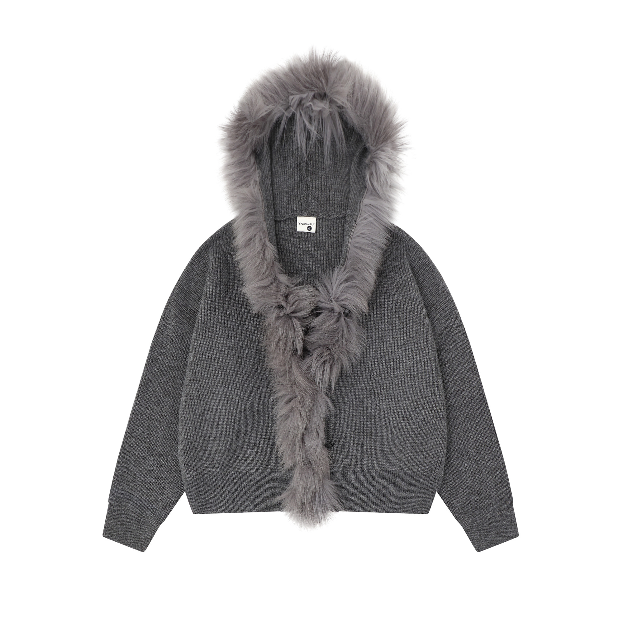 Zuocisankon Retro Big Fur Collar Hooded Knitted Sweater