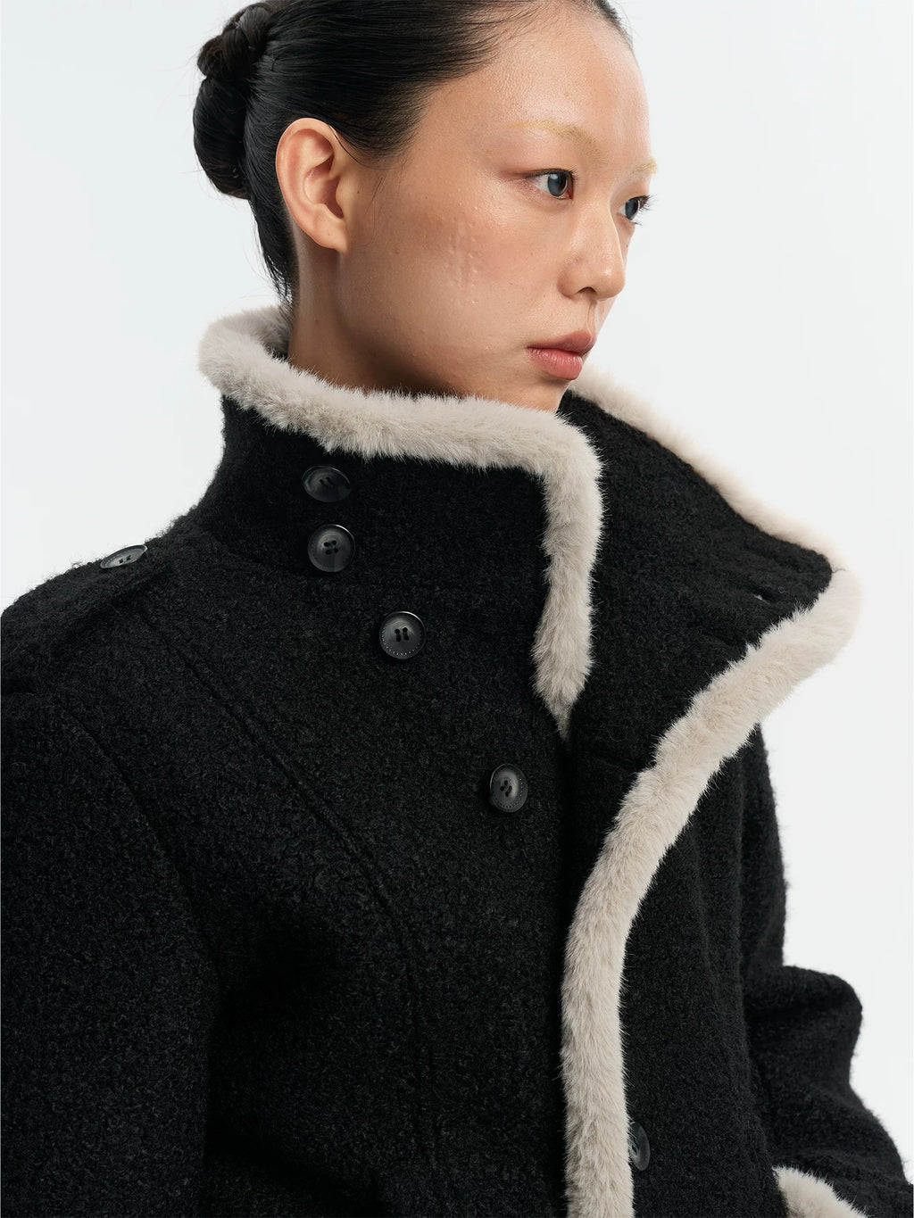 LINY LIBERTY Contrasting Top Stitching Stand-up Collar Woolen Jacket
