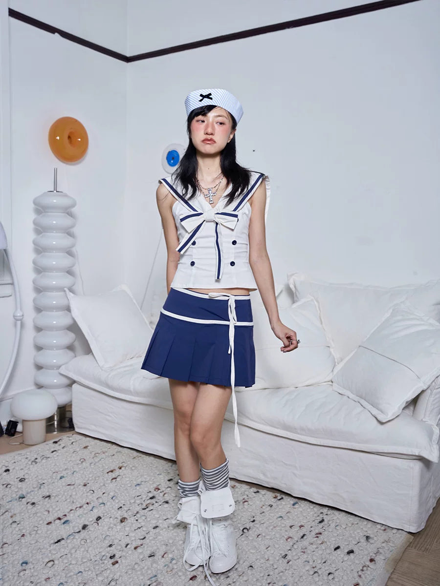 Enteralt Waist Vest Lace-up Pleated Skirt Set