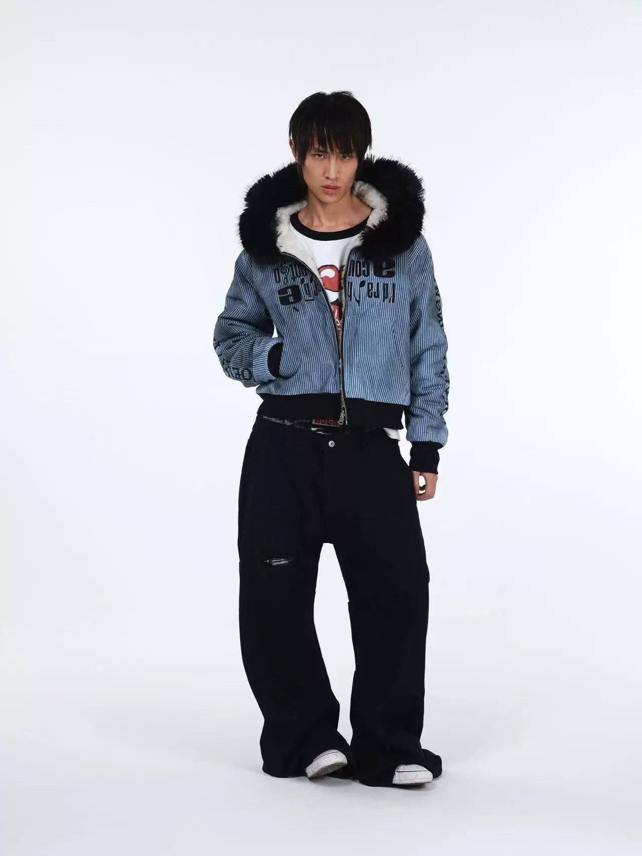 DETW Striped Long Fur Collar Lamb Fleece Hooded Jacket