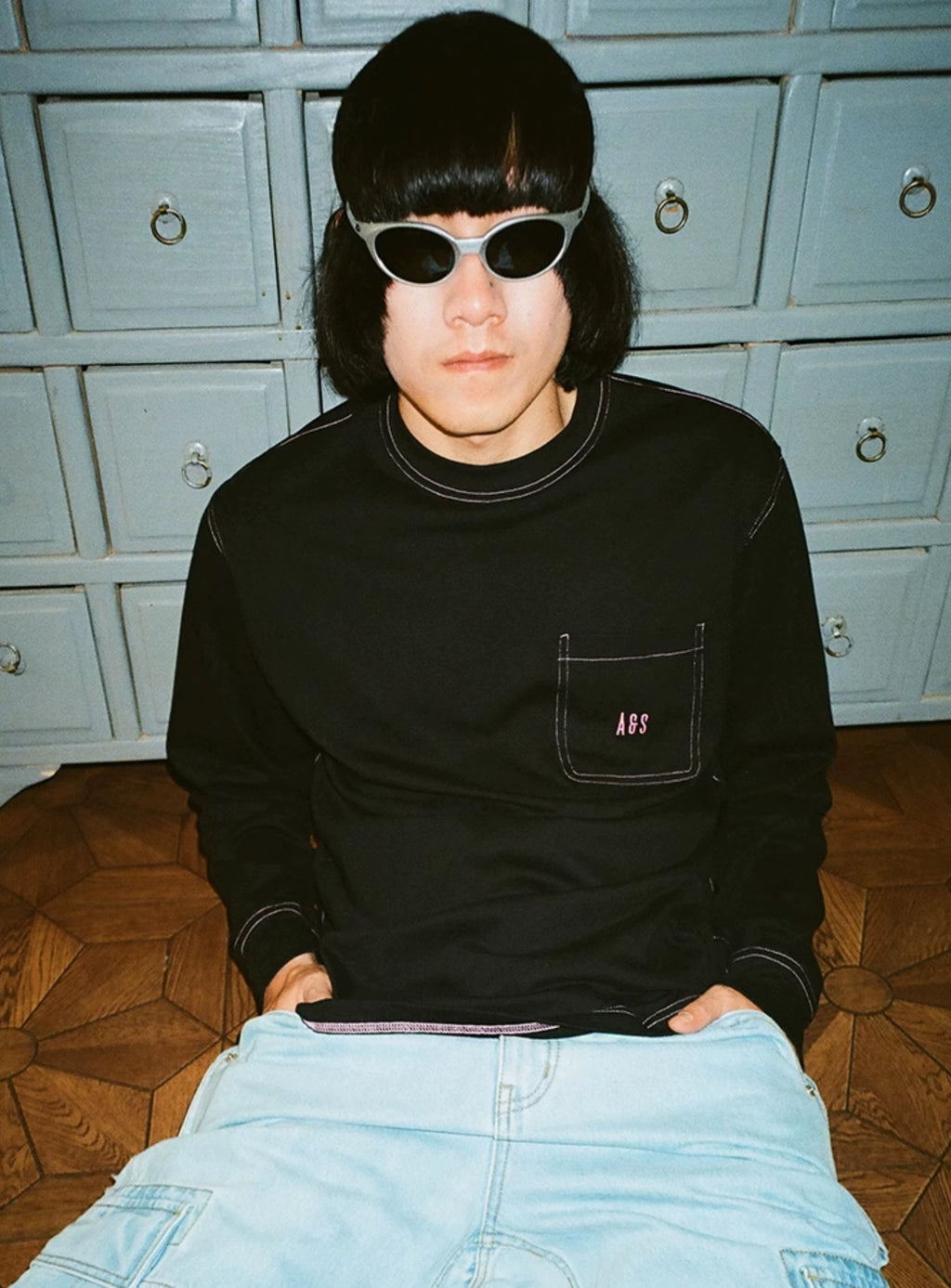 AVENUESON Crew Neck Loose Letter LOGO Pocket Long Sleeve