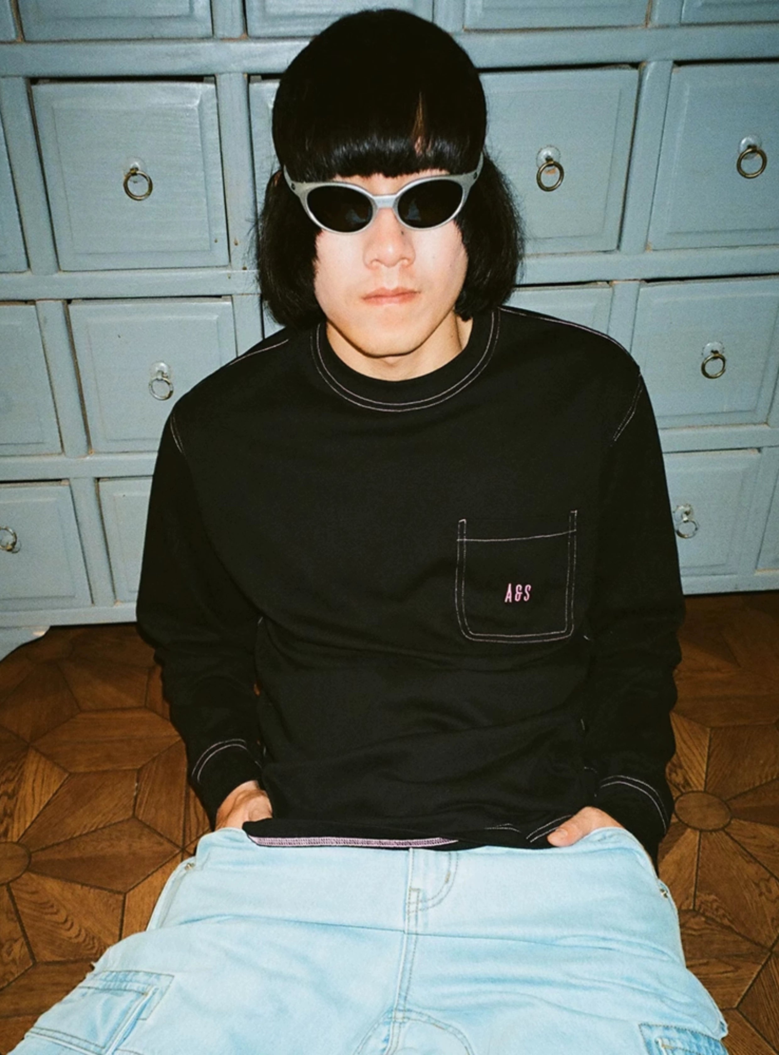 AVENUESON Crew Neck Loose Letter LOGO Pocket Long Sleeve