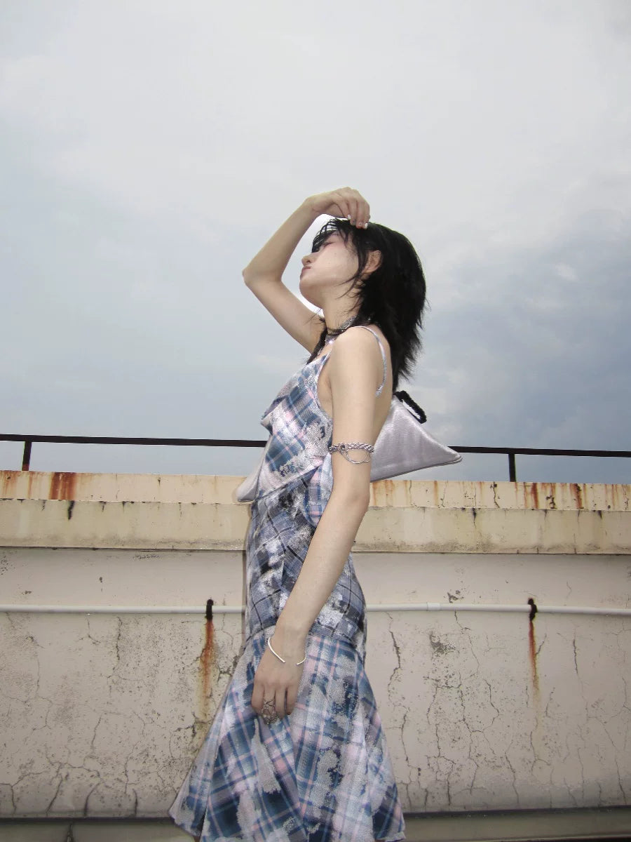 Enteralt Plaid Stitching Drawstring Lace-up Dress