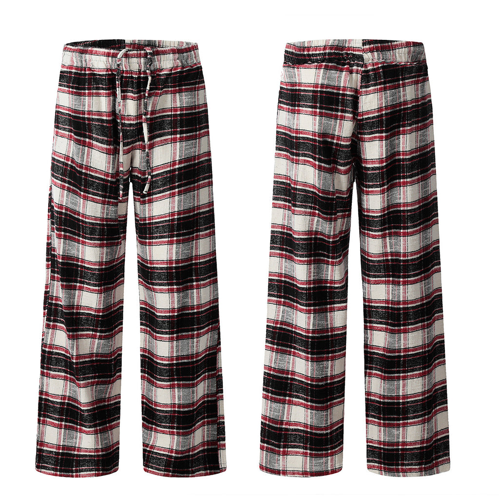 11KN Color-blocked Red Checkered Drawstring Straight-leg Slacks