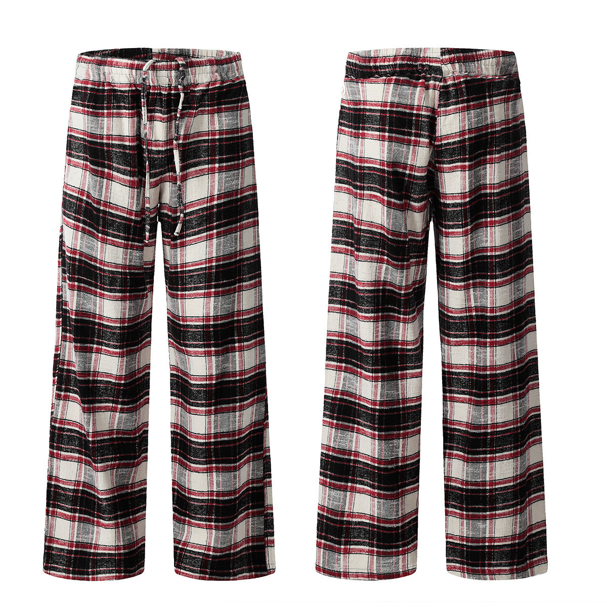 11KN Color-blocked Red Checkered Drawstring Straight-leg Slacks
