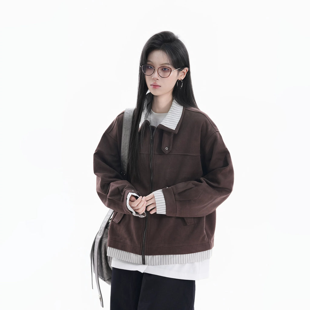 Zuocisankon Vintage Suede Face Splicing Fake Two-piece Jacket