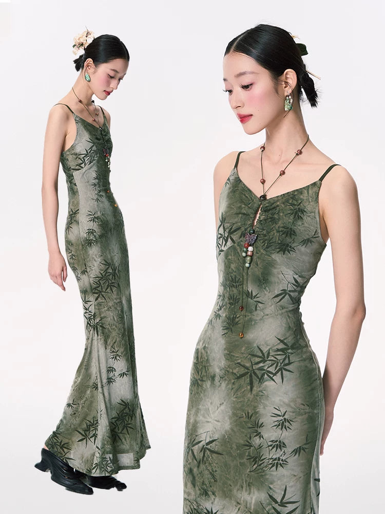 YEDM Bamboo Leaf Beaded Printed Tail Suspender Dress