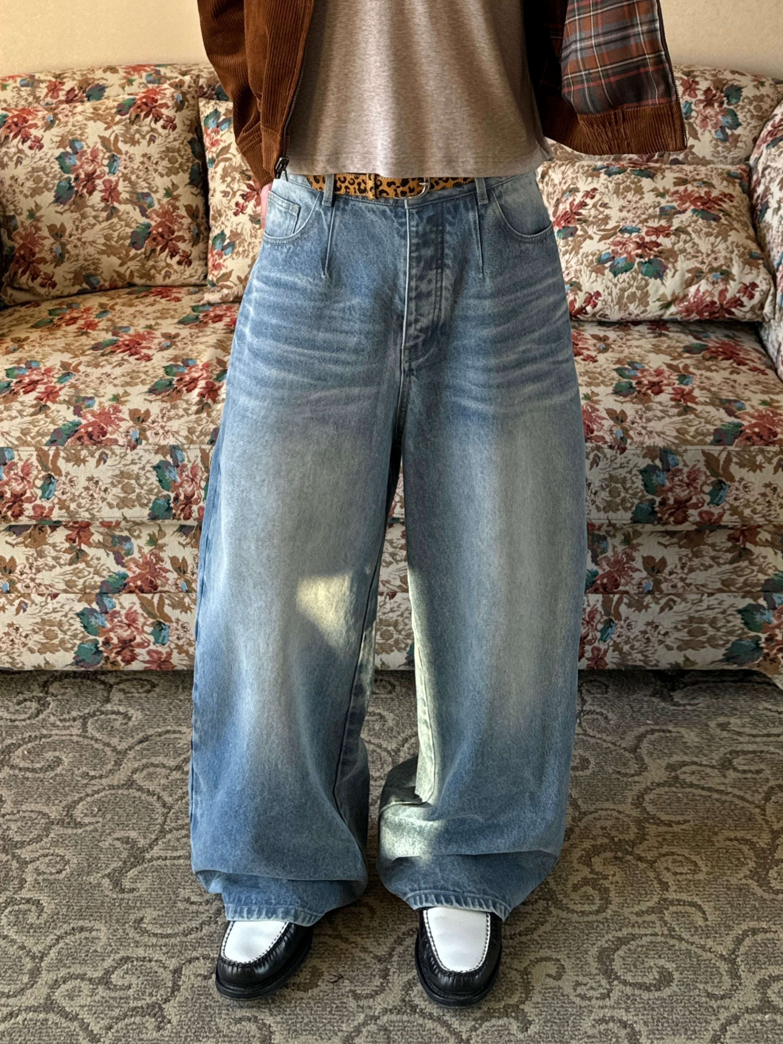 InsGale Blue Scimitar Silhouette Three-dimensional Washed Jeans