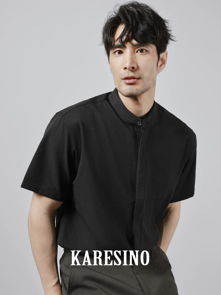 KARESINO Stand-up Collar Casual No-iron Striped Short-sleeved Shirt